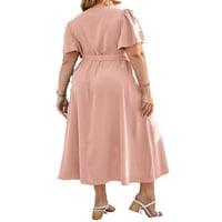 Дамски рокли плюс размер бохо обикновена шия на врата коралово розово 0xl