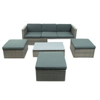 Комплект мебели за вътрешен двор, 5-части PE Rattan Wicker Sectional диван комплект с приятна облегалка, повдигане на масата за кафе и османци, градински разговорен диван с възглавници, сиво