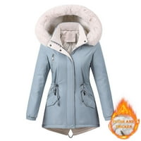 Жените средна дължина анорак Зимни връхни дрехи яке плътен цвят качулка пухкаво палто с джоб Светло синьо размер хл