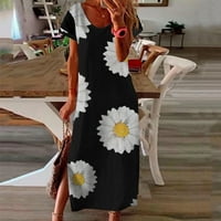 Usmixi дамски рокли плаж бохо ежедневен страничен процеп разхлабена тениска дълга слънчева модна маргаритка щампа v-образно деколте с къс ръкав maxi лятна рокля черна xl