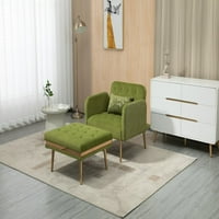 Кадифе тапициран шезлонг с табуретка, модерен акцент стол с възглавница, регулируема облегалка, златни метални крака, за хол, спалня, маслина