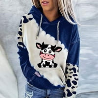 Качулки за жени крава модели на печат западен пуловер с дълъг ръкав небрежен суичър с качулка с джобни син m m