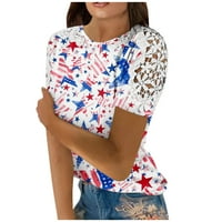 Mlqidk американски флаг от печат дантела за жените кръгла шия с къси ръкави ризи свободни ежедневни блуза туника тениска, синя m