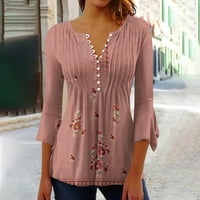 Dianli Fashion Floral Print Tunic дамски върхове бутон ръкав кръгла шия плисирана блуза раирана тениска тениска розово s