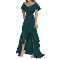 Модна жена с V-образно деколте разцепена неравномерна елегантна рокля