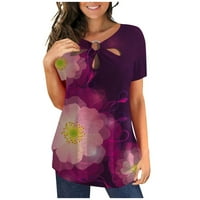 Usmixi дамски върхове Цветни печат с къс ръкав кръгла шия тениски за лятна мода издълбана мател лек удобен гъвкав хем туника блузи вино xxl