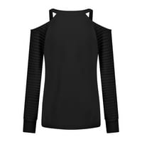 Lydiaunistar Time and Tru Women Tops Clearance Fashion Woman V-Neck Тениска с дълъг ръкав Есен печат студено рамо свободни блузи върхове черни xxl