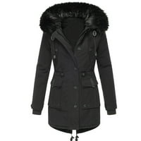 Икеван за жени зимни подплатени качулки с качулка с качулка със средна дължина памучно яке джобно палто с цип черно 6