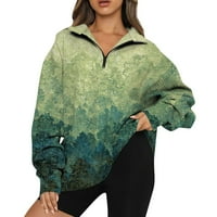 Пуловер качулка суитчър половина цип нагоре хлабав годни жените капка рамото в врата зимни качулки Плюс размер Дълъг ръкав Графичен Пуловер отгоре за жени тъмно зелено М