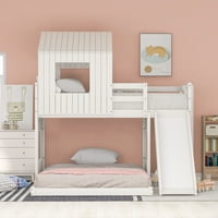 Аукфа дървена двойна над двуетажно легло с пързалка, таванско легло рамка с къща за игра, Ферма, стълба и парапети за деца, малки деца, момчета и момичета, Бяло