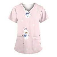 Qiaocaity жени мода с кратък ръкав V-образни върхове работещи униформени коледен печат с джобни блузи върхове розово s
