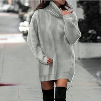 Жени зимни костенурки пуловер плътни цветове със средна дължина пуловер удобни потни ризи сив xl
