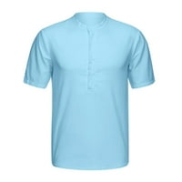 Върхове за мъже с къс ръкав Мъжки памучно смес от твърд цвят късо ръкав ретро тениски върхове блуза светло синьо