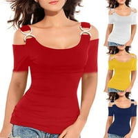 Bicoasu дамски върхове женски кръгла шия късо ръкав ежедневни тениски върхове свободни летни ризи върхове за жени червени s
