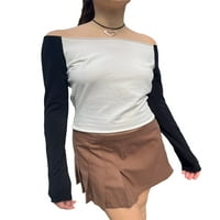 Biayxms жени от рамото върхове с дълъг ръкав контраст цвят облечена блуза тънка тениски тениски