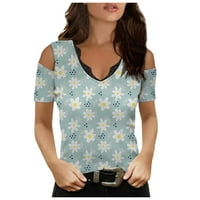 Женски ръкав къса дантелена дантела с деколтета сплавиране флорална тениска с тениска от женски върхове Sky Blue s