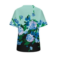 Женски тениски за шия на шията летни върхове с къс ръкав флорален тениска ежедневна страна с разцепени туники върхове зелени m