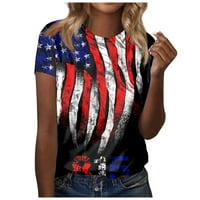 Sksloeg летни върхове за жени облечени ежедневни върхове американски флаг отпечатани къси ръкави блузи екипаж на шията, черни s