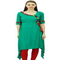 Phagun Angrakha Style Rayon Womens Tunic Kurta Pom-Pom Designer Kurti Top Indian Clothing