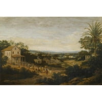 Frans Post Black Ornate Wood Famed Double Matted Museum Art Print, озаглавен: Пейзаж в Бразилия, гледащ надолу към Varzea, европейци и местни жители, приближаващи се към църква на преден план