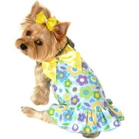 Лулу - розова и синя флорална рокля за куче с жълт Лък