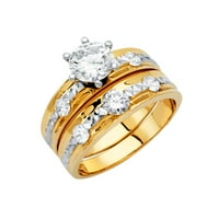 Твърдо 14к жълто злато кубичен цирконий венчална халка и годежен пръстен два комплекта Размер 9.5