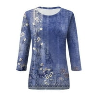 Блуза с лакътна ръкав плюс свободни горни ръкави за ръкави за жени плюс размер кръгла шия дамски тениски флорални дамски бизнес ежедневни блузи сини L