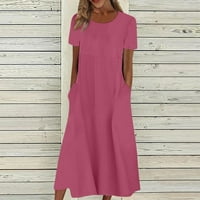 Дамски летни Ежедневни рокли с къс ръкав Около врата Макси Суинг рокли с джоб горещо розово 2хл