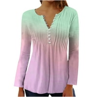 Cotonie Women's Henley риза с дълги ръкави v върхове на туниката на врата за жени градиент фолви блуза бутон риза розово m