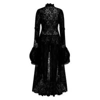 Топка рокля с високо ниска рокля за жени средновековна дантелена плетене на една кука ваканция ретро дълъг ръкав коледна мода висока шия фантазия Хелоуин костюм черно m