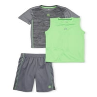 Момчета космическа боядисана активна тениска, мускулест потник и мрежести шорти, комплект от 3 части, размери 4-12