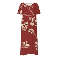 Клирънс дамски летни ежедневни Мода Цветен печат къс ръкав кръг врата Джоб рокля вино ШЛ