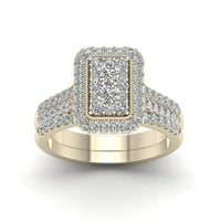 1к ТДВ диамант 14к жълто злато клъстер ореол сватбен пръстен комплект