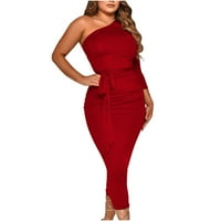 Елегантна рокля за жени- модна секси солидна стегната с един рамо с дълъг ръкав с дълъг колан с дълга рокля с дълга рокля червена s