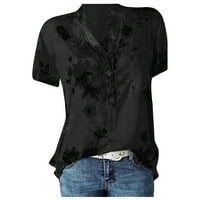 Дамска черна риза свободни годни върхове къси ръкав ежедневно памучно бельо Henley флорални модерни блузи тениски черни s