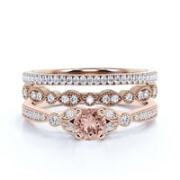 Трио комплект 2. Карат кръг от режещ морганит и годежен пръстен на диамант мойсанит, съвпадащ сватбена лента в сребро със стерлинги с 18K розово злато