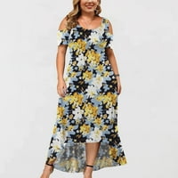 Просвета летни рокли за жени кръгло деколте от свободното време флорална средна дължина а-линия рокля с къс ръкав жълт 4xl