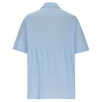 Lovskoo памучно бельо плътни върхове за жени лято късо ръкав Разхлабени блузи бутон за печат въртяща яка риза синьо