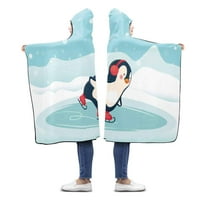 Карикатура пингвин ледени кънки носене качулка одеяло възрастни момичета момчета полярни руно одеала с качулка