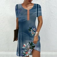 Usmixi плюс размер дамски рокли ежедневни ретро флорални щампи кръгла шия с къс ръкав туника мини тениска рокли свободни плаж ваканция къси рокли сини xxl
