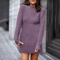 Viikei дамски пуловери Просвет плюс размер кръгла шия плетен топъл отпуснат твърд дълъг ръкав рокля