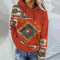 Дамски западни ацтекски качулки етнически стил геометричен щампа с дълъг ръкав суичъри за небрежни разхлабени пуловерни върхове с джобове