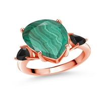 Gem Stone King 10. ct круша форма Зелен малахит черен они 18k розово злато, покрито със сребърен пръстен