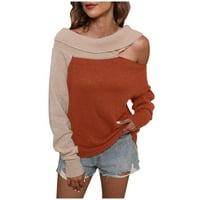 Дамски едно рамо с дълъг ръкав плетен пуловер върхове Crewneck Цветният блок пачуърк моден пуловер пуловер за жени