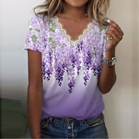 Дамски ежедневни блузи флорални В-деколте с къс ръкав свободни тениски Лилаво 2хл
