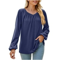 Дълги ръкави ежедневни V вратни пличи ризи за жени падат ежедневни руш тениска тениска блуза свободна форма удобни туники тийнейджъри суичъри върхове сини xxl