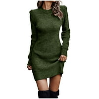 Olyvenn Womens Tunic Hip Wrap плетен пуловер Bodycon Dress Classic Classic Solid House Ress Mock Neck Ruched Топло тънък прилеп