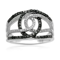 Стерлинг сребро с CTTW кръгла форма Естествено черно -бял диамантен пръстен, размер 7