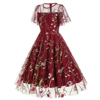 Дамска рокля екипаж ший късо ръкав мрежа двоен слой флорална бродерия а-линия рокля