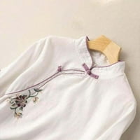 Дамски върхове мода лято нов етнически стил вятър бродерия памук и бельо разхлабена чиния закопчалка с рог ръкав стоящ седем точки ръкав отгоре риза женска